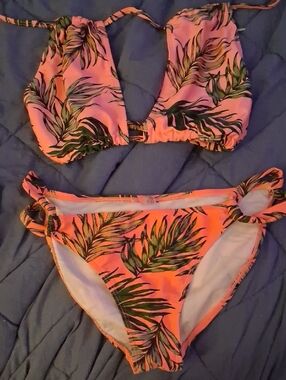 Neon Coral Tropical Leaf Bikini Set